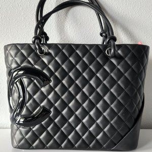Chanel Calfskin Cambon CC Tote Rare Black/Black/Neon Pink